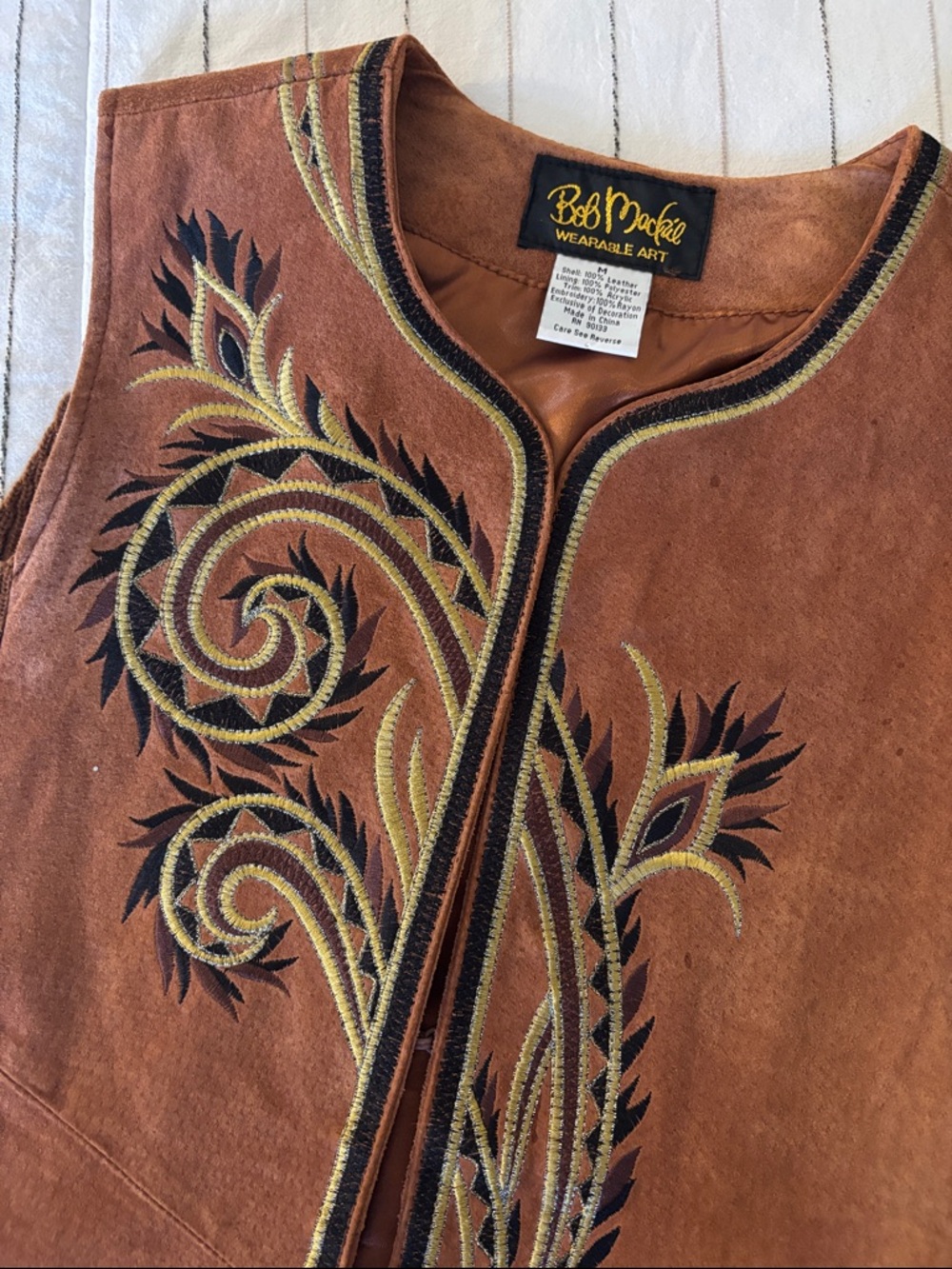 Bob Mackie Brown Suede Embroidered Zip-Front Vest REAL LEATHER - Picture 4 of 8
